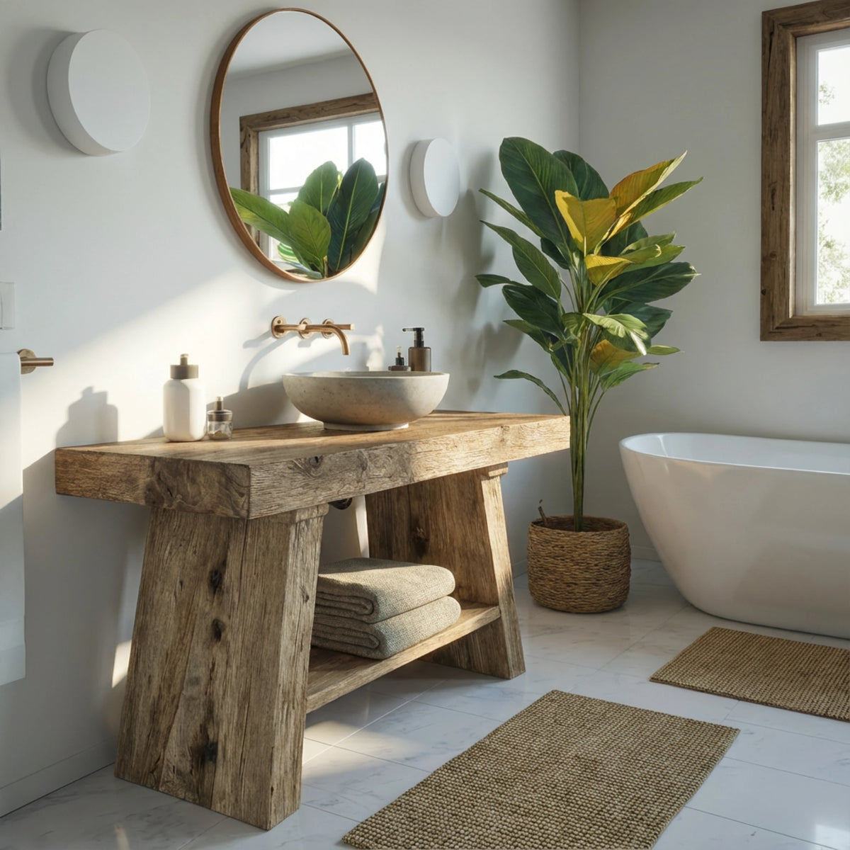 Pedestal Beam Vanity with Towel Shelf - Rustic Farmhouse Live Edge