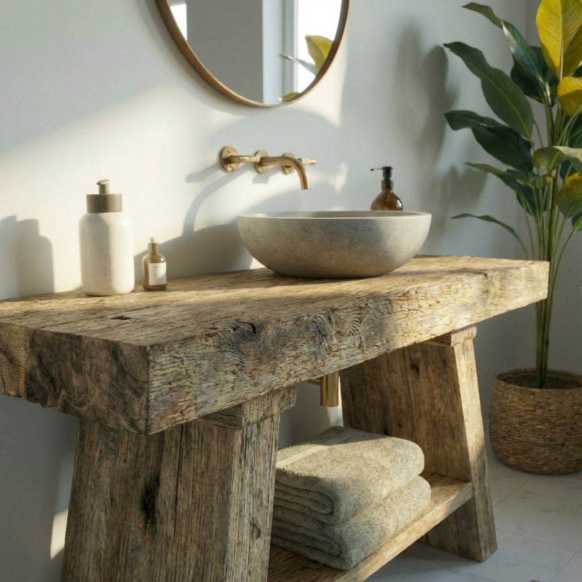 Pedestal Beam Vanity with Towel Shelf - Rustic Farmhouse Live Edge