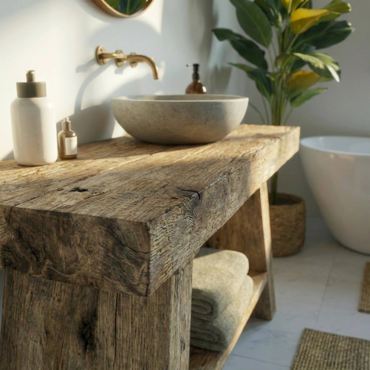 Pedestal Beam Vanity with Towel Shelf - Rustic Farmhouse Live Edge