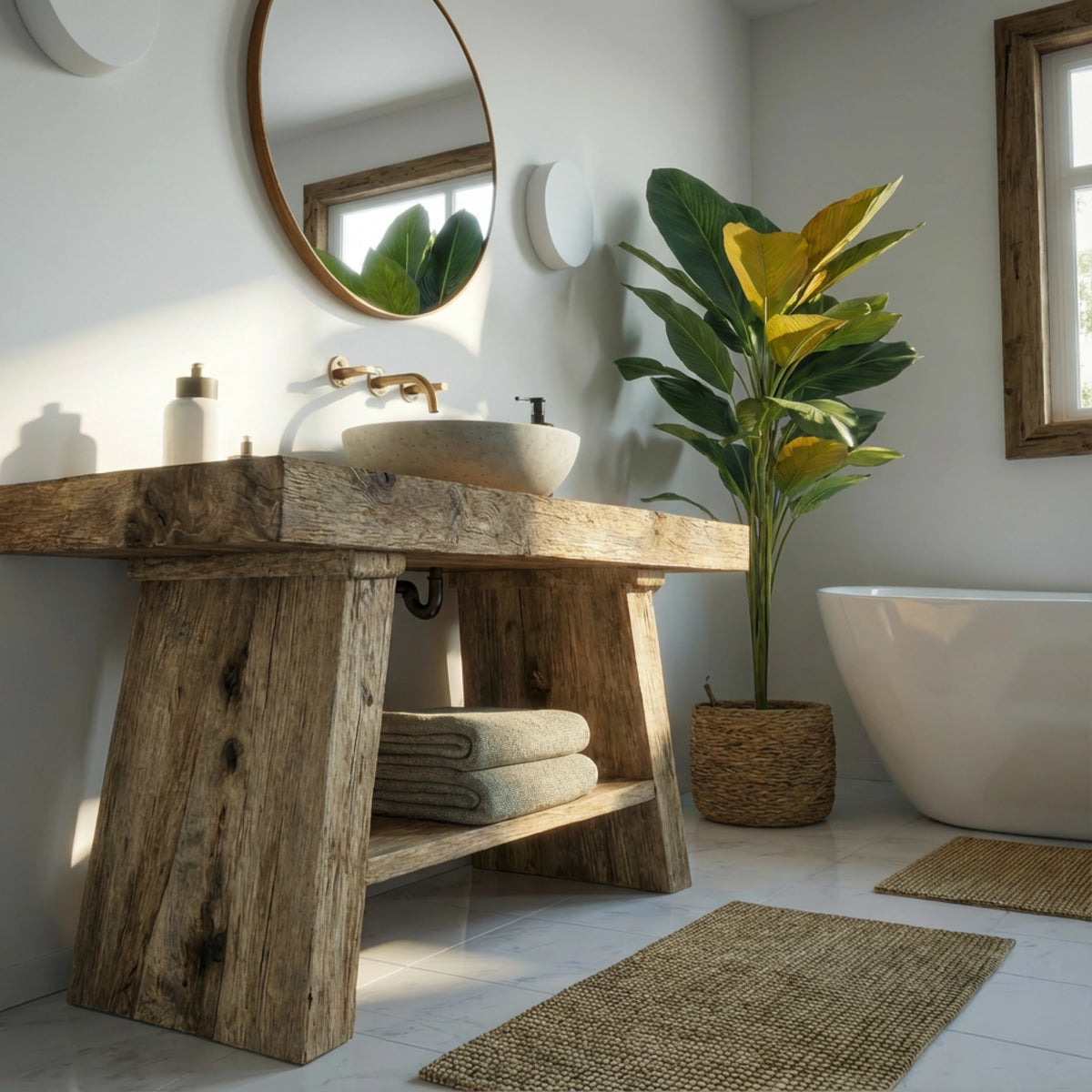 Pedestal Beam Vanity with Towel Shelf - Rustic Farmhouse Live Edge