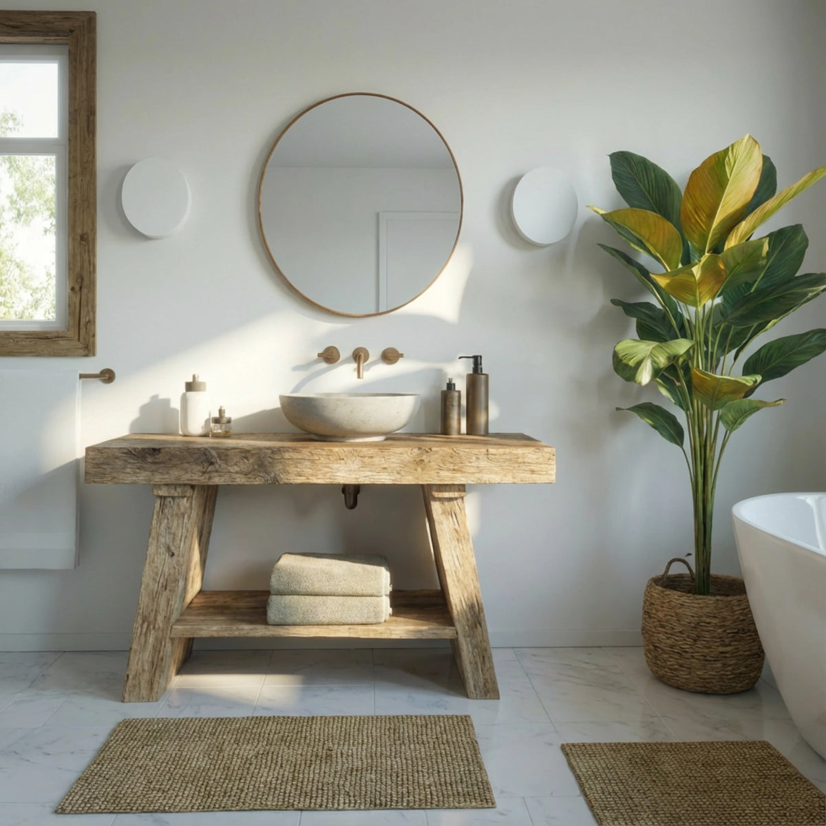 Pedestal Beam Vanity with Towel Shelf - Rustic Farmhouse Live Edge