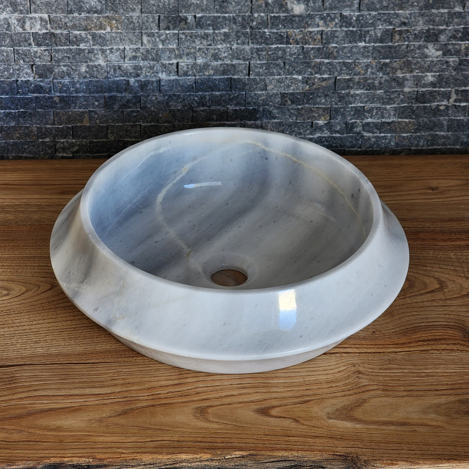 Modern Circular White Marble Vessel Sink - Architectural Angled Stone Basin