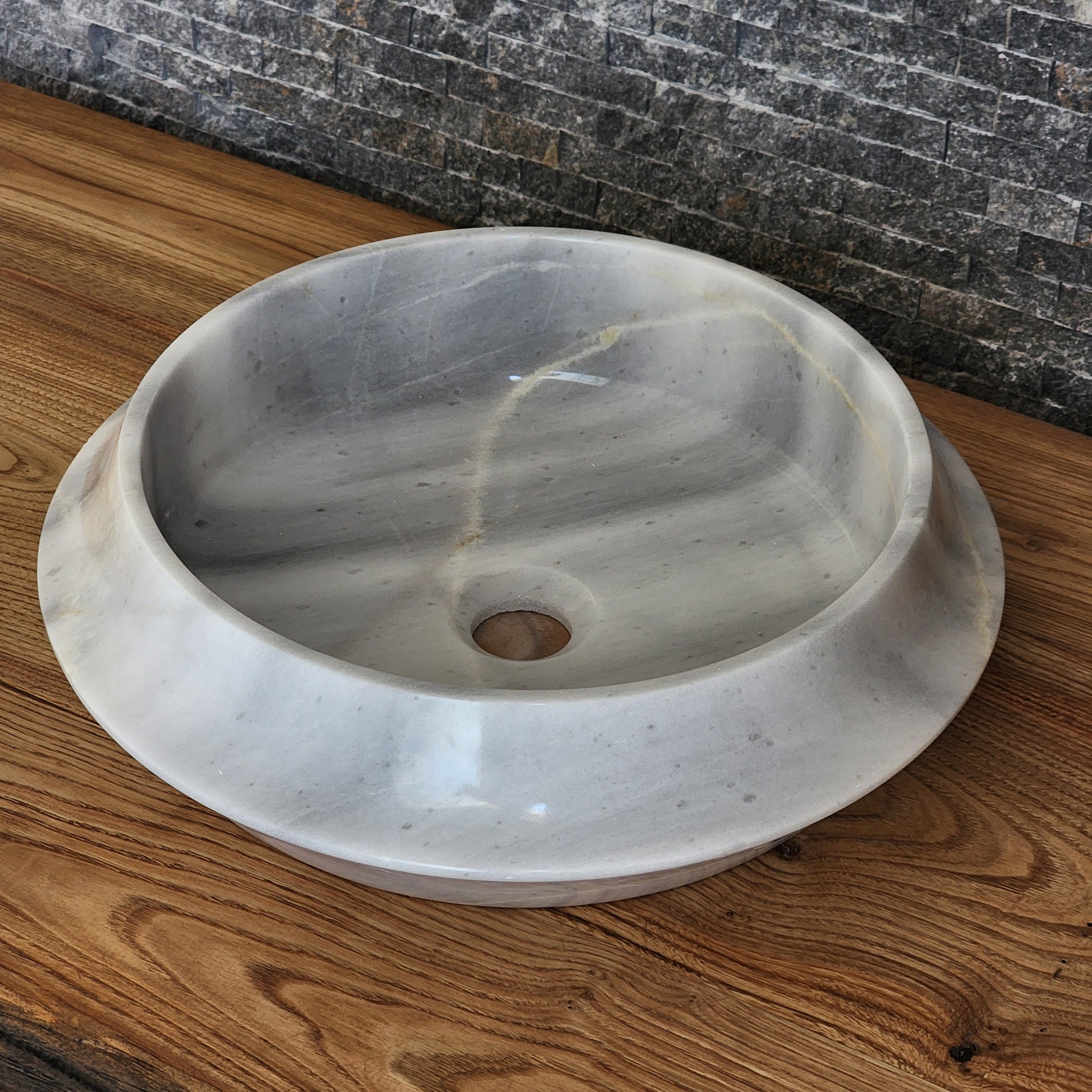 Modern Circular White Marble Vessel Sink - Architectural Angled Stone Basin