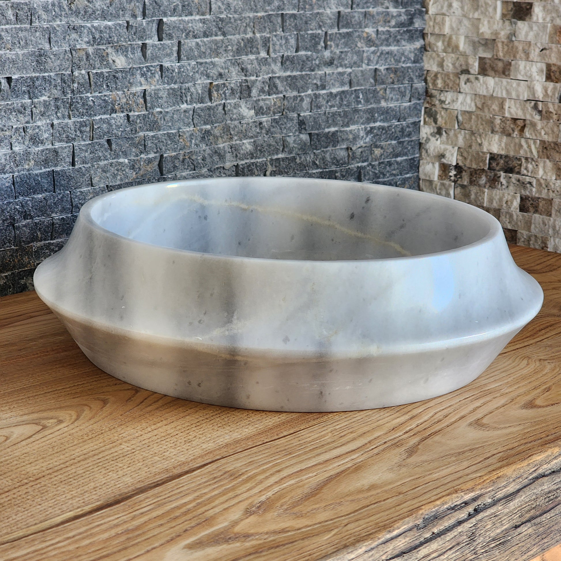 Modern Circular White Marble Vessel Sink - Architectural Angled Stone Basin