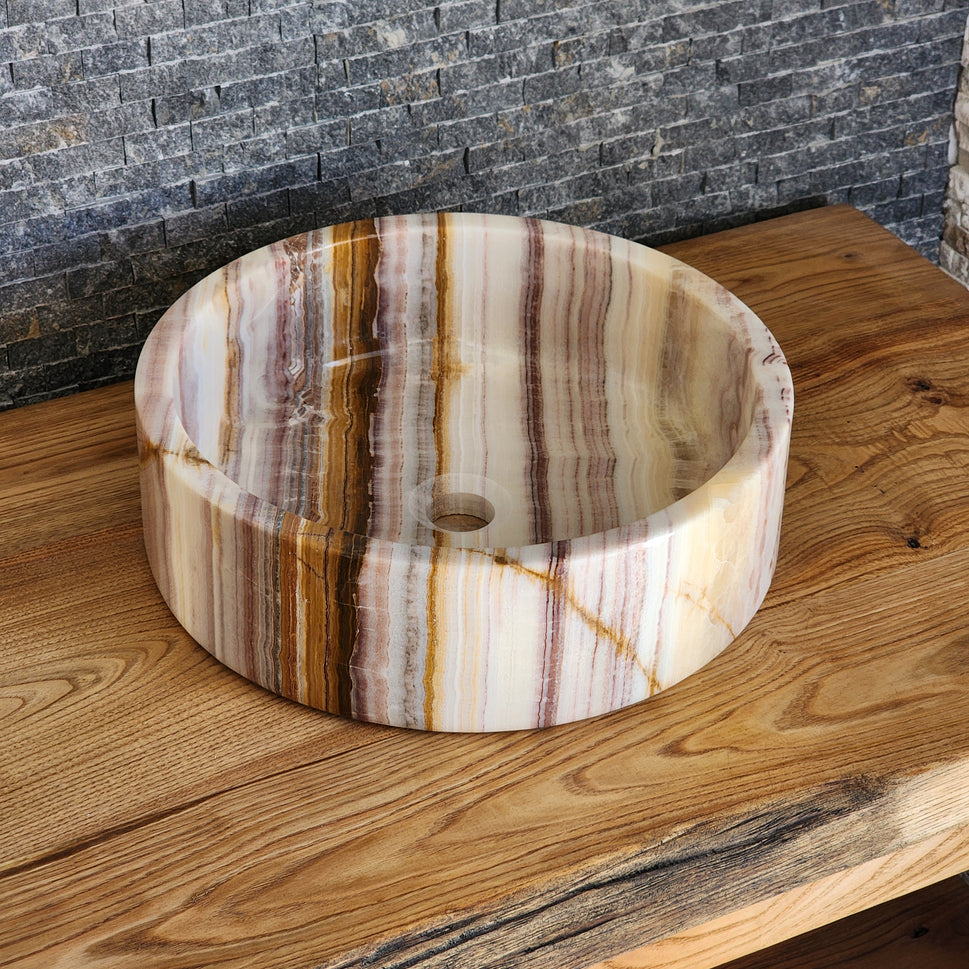 Hand-Carved Multi-Colored Onyx Vessel Sink – Polished Banded Round Natural Stone Basin