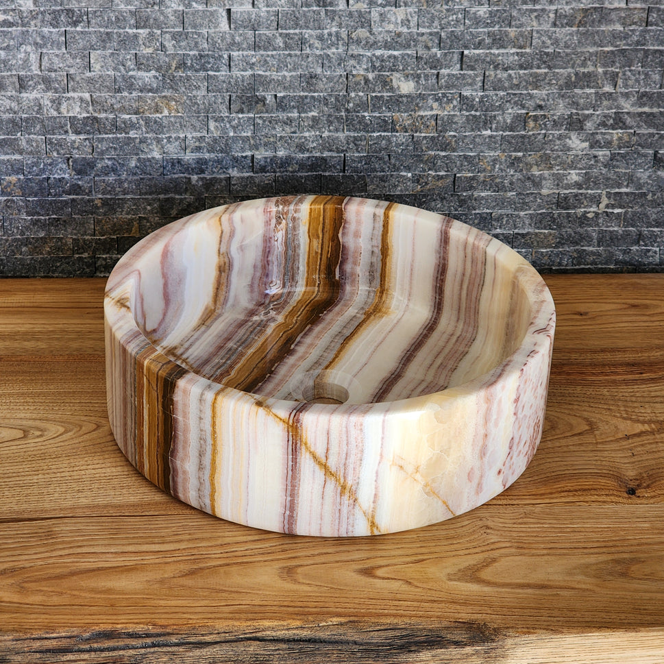 Hand-Carved Multi-Colored Onyx Vessel Sink – Polished Banded Round Natural Stone Basin