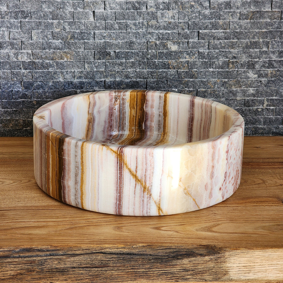 Hand-Carved Multi-Colored Onyx Vessel Sink – Polished Banded Round Natural Stone Basin