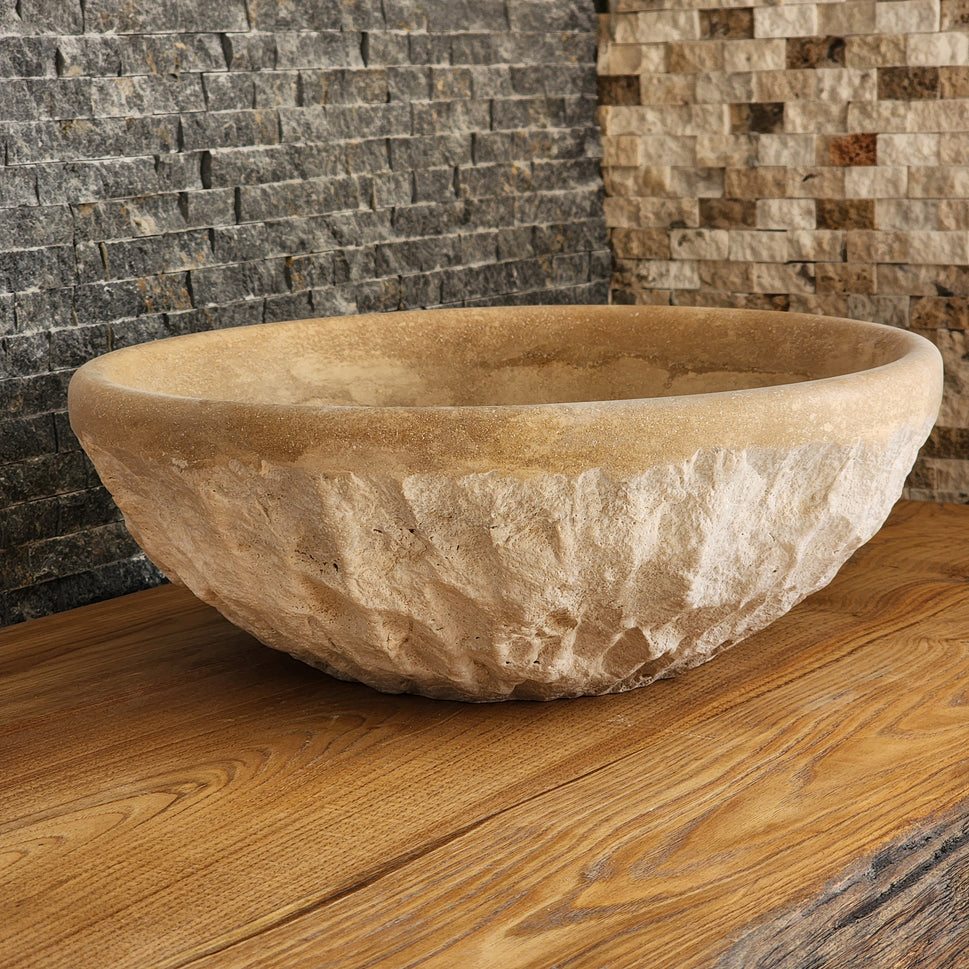 Natural Travertine Round Vessel Sink - Hand-Chiseled Raw Stone Basin