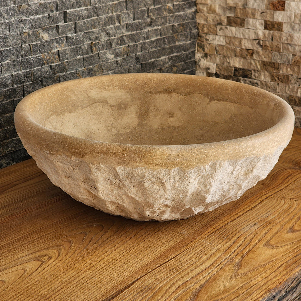 Natural Travertine Round Vessel Sink - Hand-Chiseled Raw Stone Basin