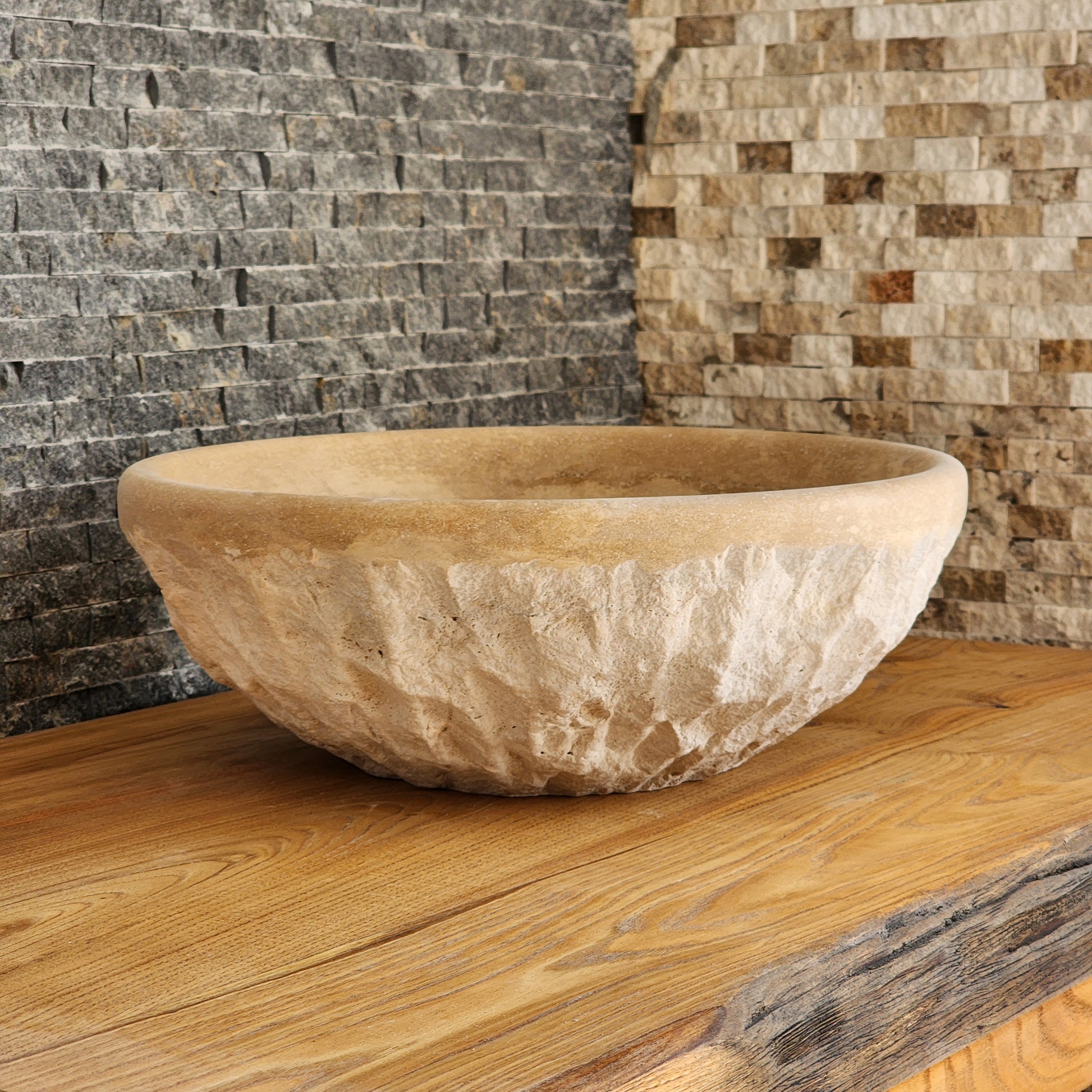 Natural Travertine Round Vessel Sink - Hand-Chiseled Raw Stone Basin