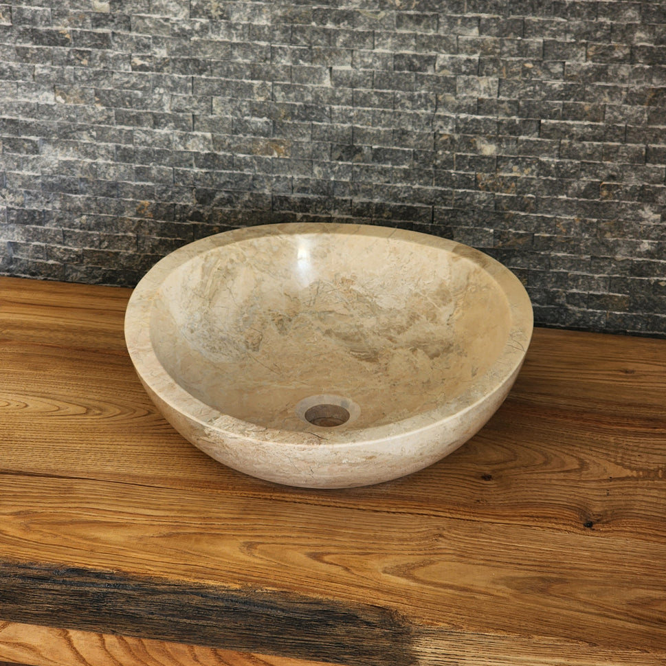 Hand-Carved Beige Marble Vessel Sink – Asymmetrical Organic Polished Stone Basin