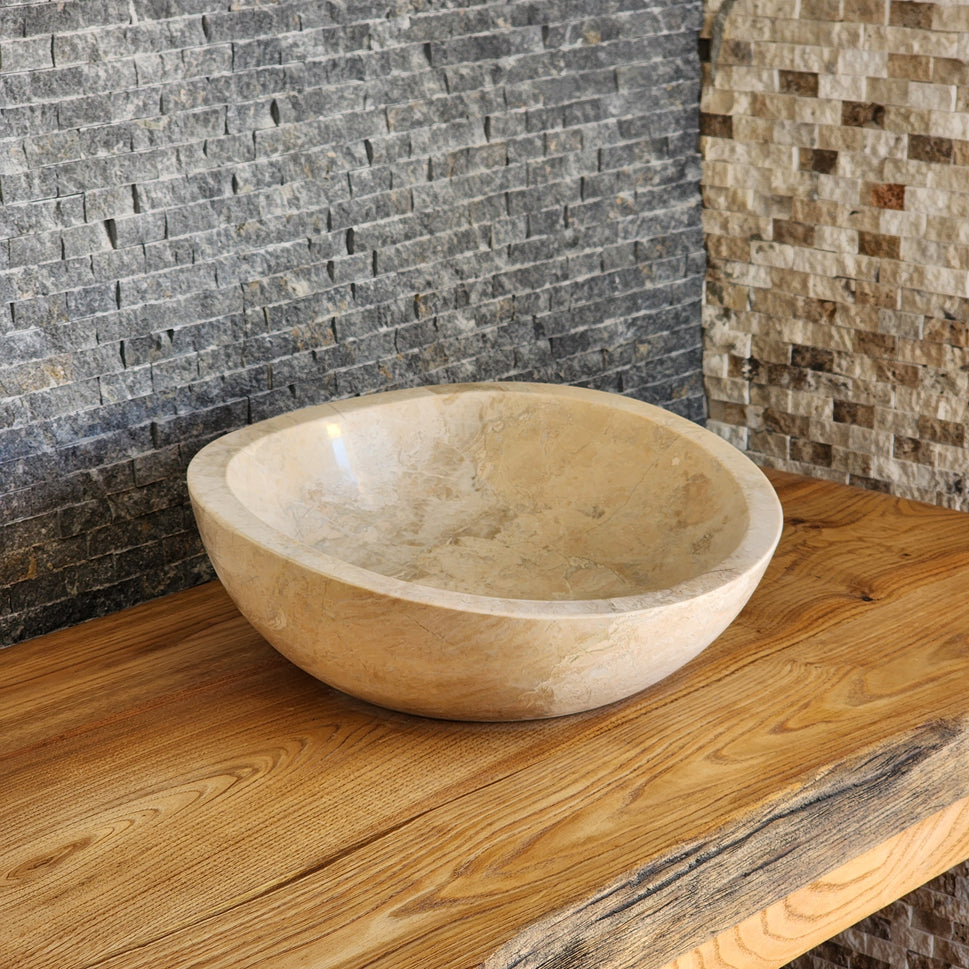 Hand-Carved Beige Marble Vessel Sink – Asymmetrical Organic Polished Stone Basin