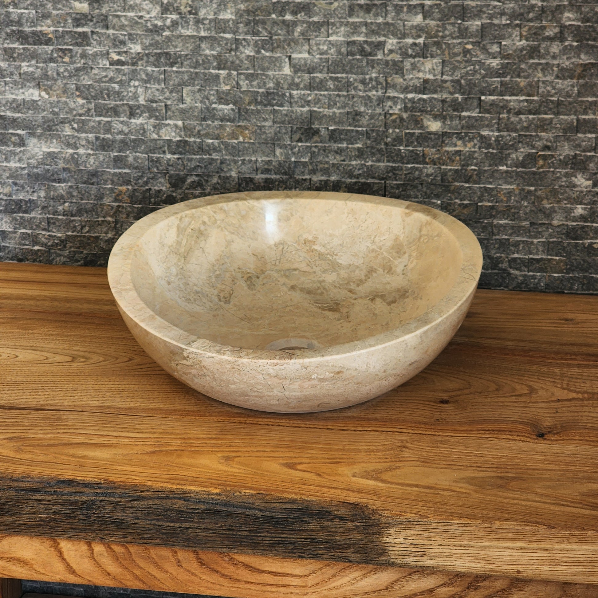 Hand-Carved Beige Marble Vessel Sink – Asymmetrical Organic Polished Stone Basin