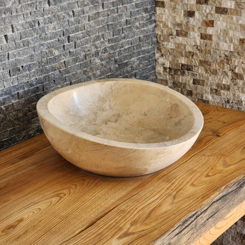 Hand-Carved Beige Marble Vessel Sink – Asymmetrical Organic Polished Stone Basin