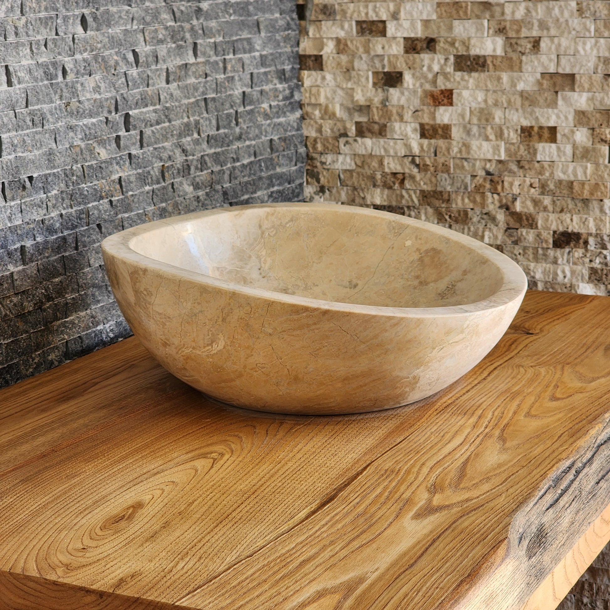 Hand-Carved Beige Marble Vessel Sink – Asymmetrical Organic Polished Stone Basin