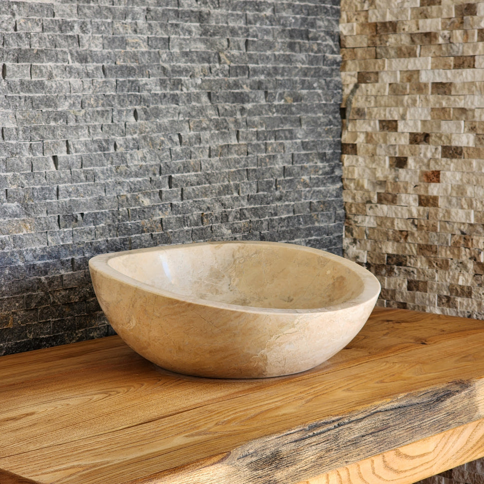 Hand-Carved Beige Marble Vessel Sink – Asymmetrical Organic Polished Stone Basin
