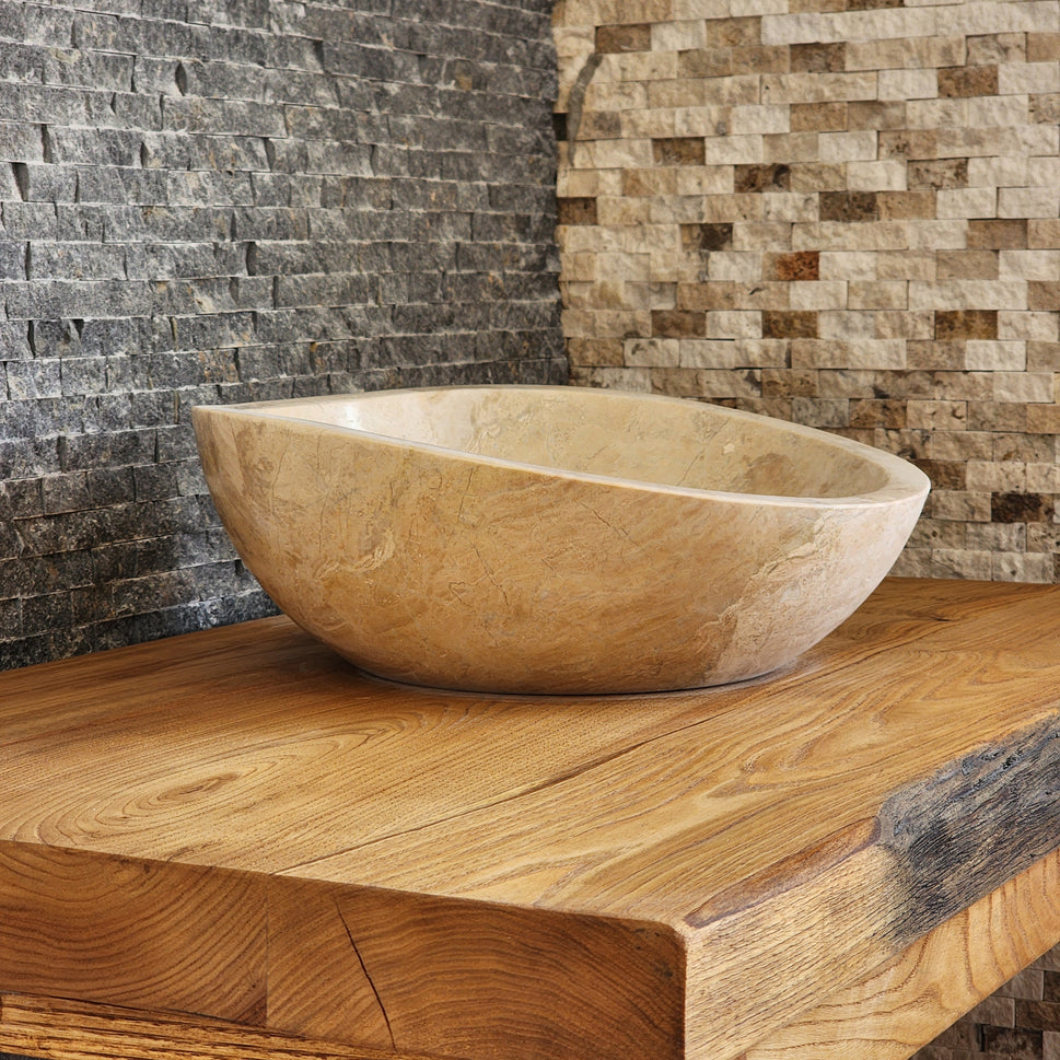 Hand-Carved Beige Marble Vessel Sink – Asymmetrical Organic Polished Stone Basin
