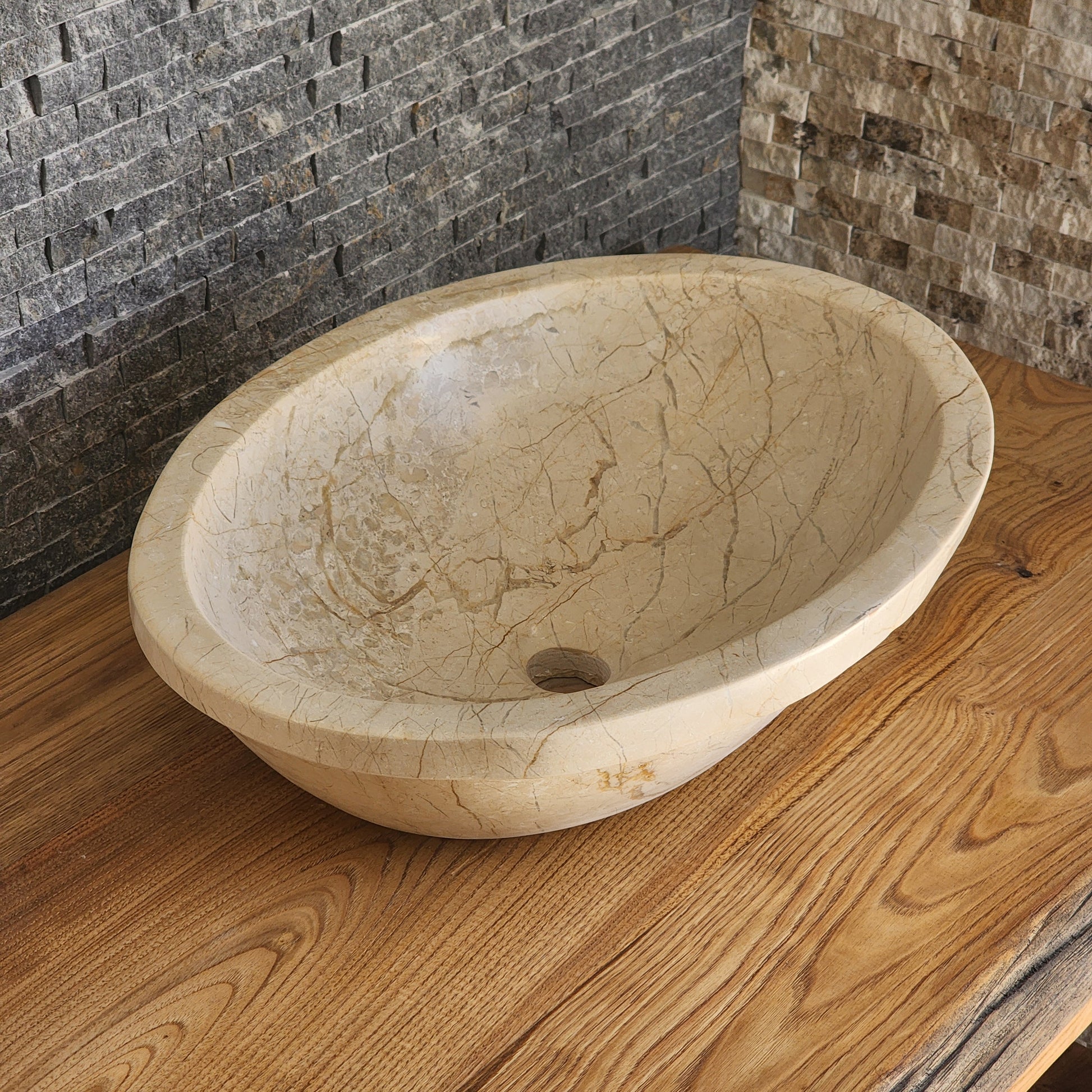 Beige Breccia Marble Vessel Sink - Flared Rim Solid Stone Basin