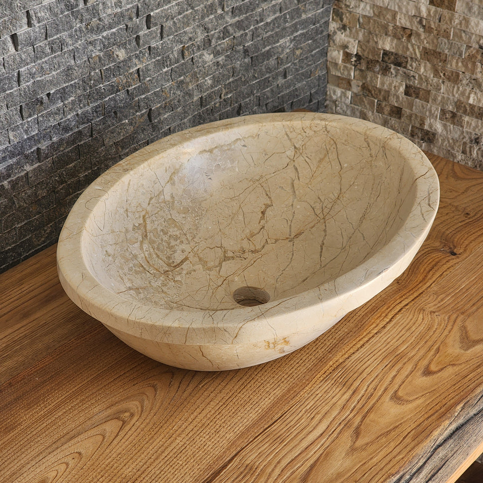 Beige Breccia Marble Vessel Sink - Flared Rim Solid Stone Basin