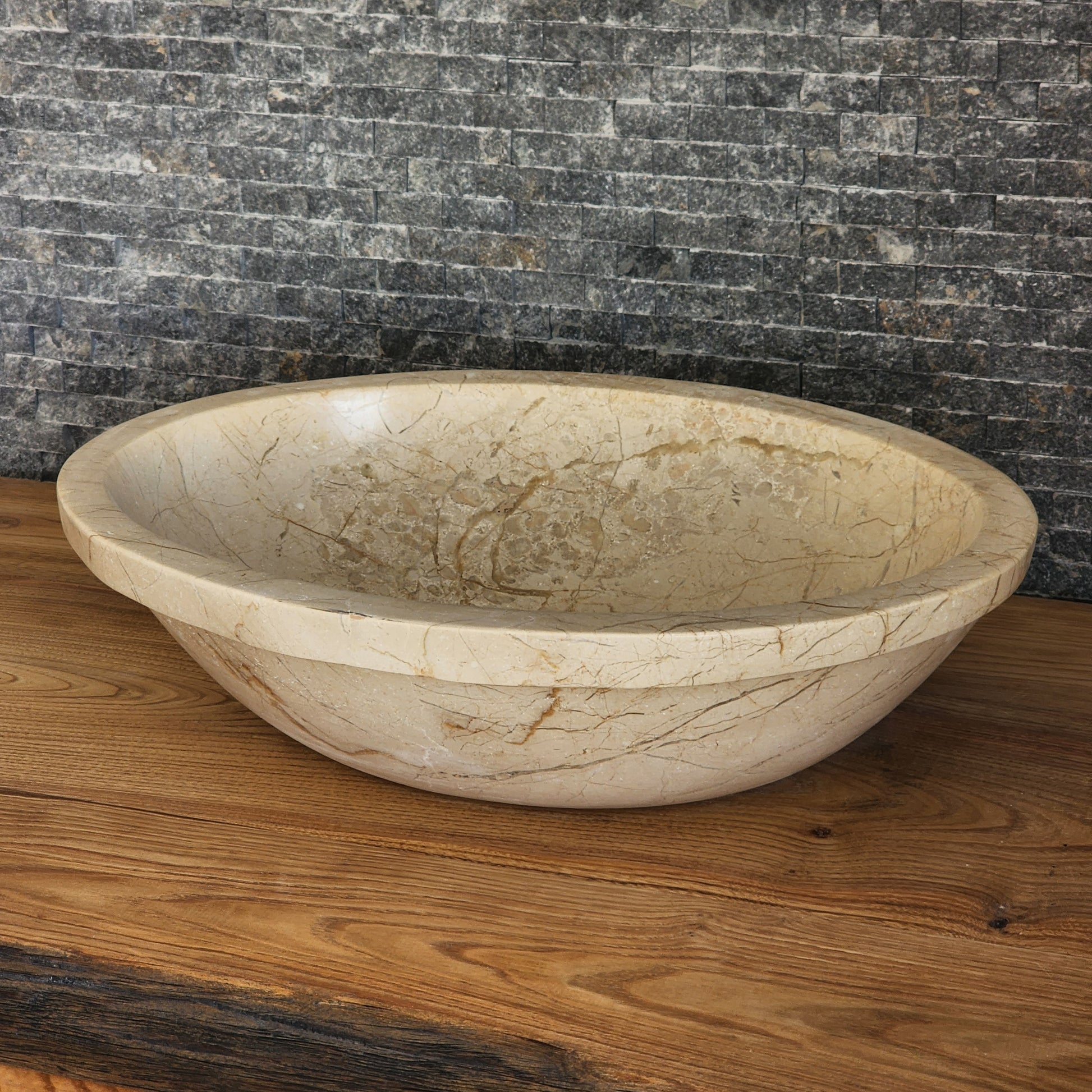 Beige Breccia Marble Vessel Sink - Flared Rim Solid Stone Basin