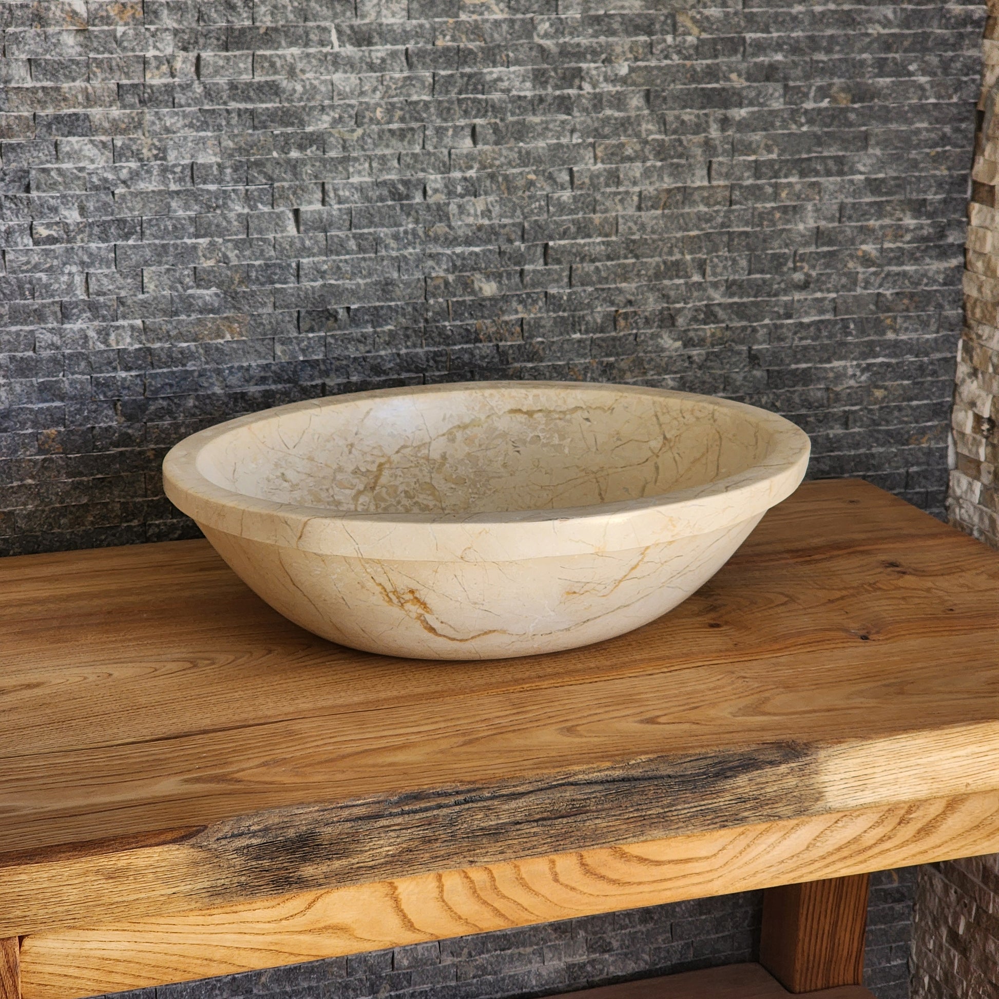 Beige Breccia Marble Vessel Sink - Flared Rim Solid Stone Basin