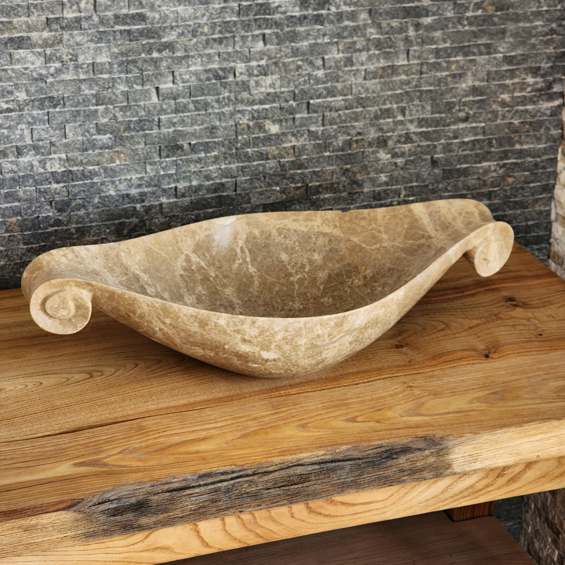 Scroll-Edge Beige Marble Vessel Sink - Hand-Carved Sculptural Basin