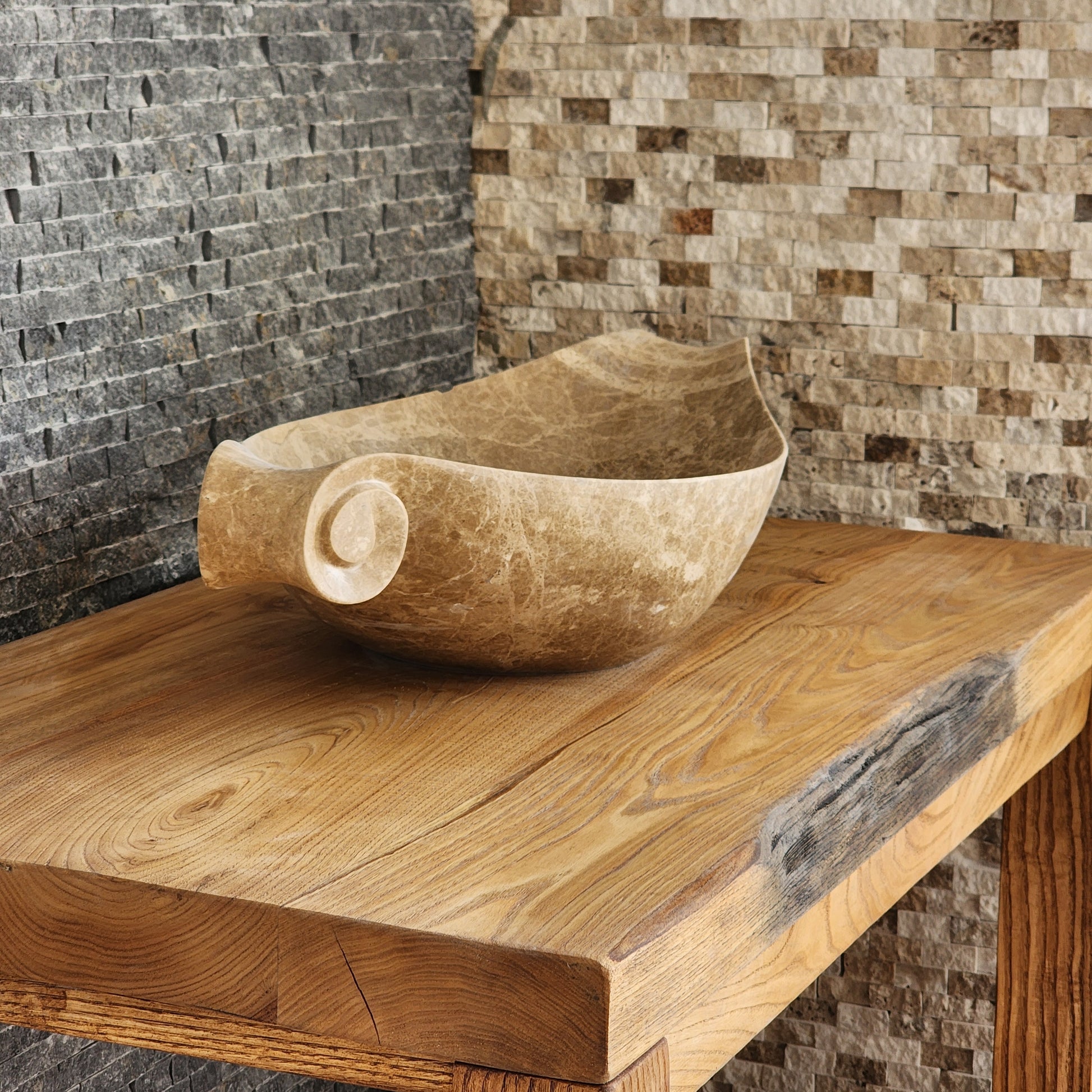 Scroll-Edge Beige Marble Vessel Sink - Hand-Carved Sculptural Basin