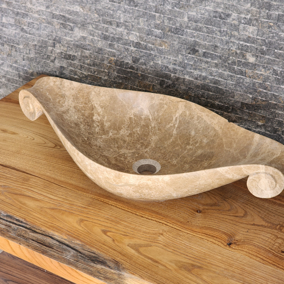 Scroll-Edge Beige Marble Vessel Sink - Hand-Carved Sculptural Basin