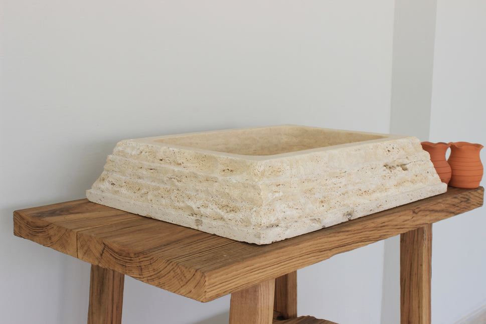 Hand-Carved Chiseled Travertine Vessel Sink – Rectangular Rock-Face Natural Stone Basin