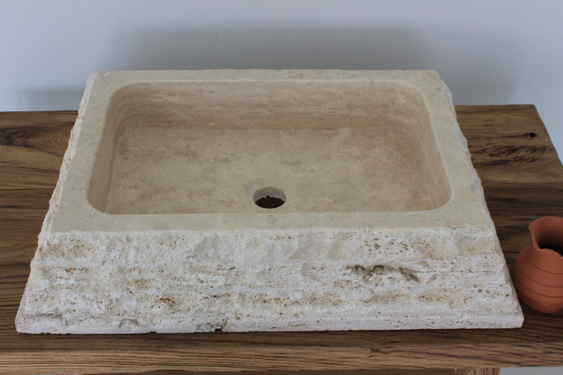 Hand-Carved Chiseled Travertine Vessel Sink – Rectangular Rock-Face Natural Stone Basin