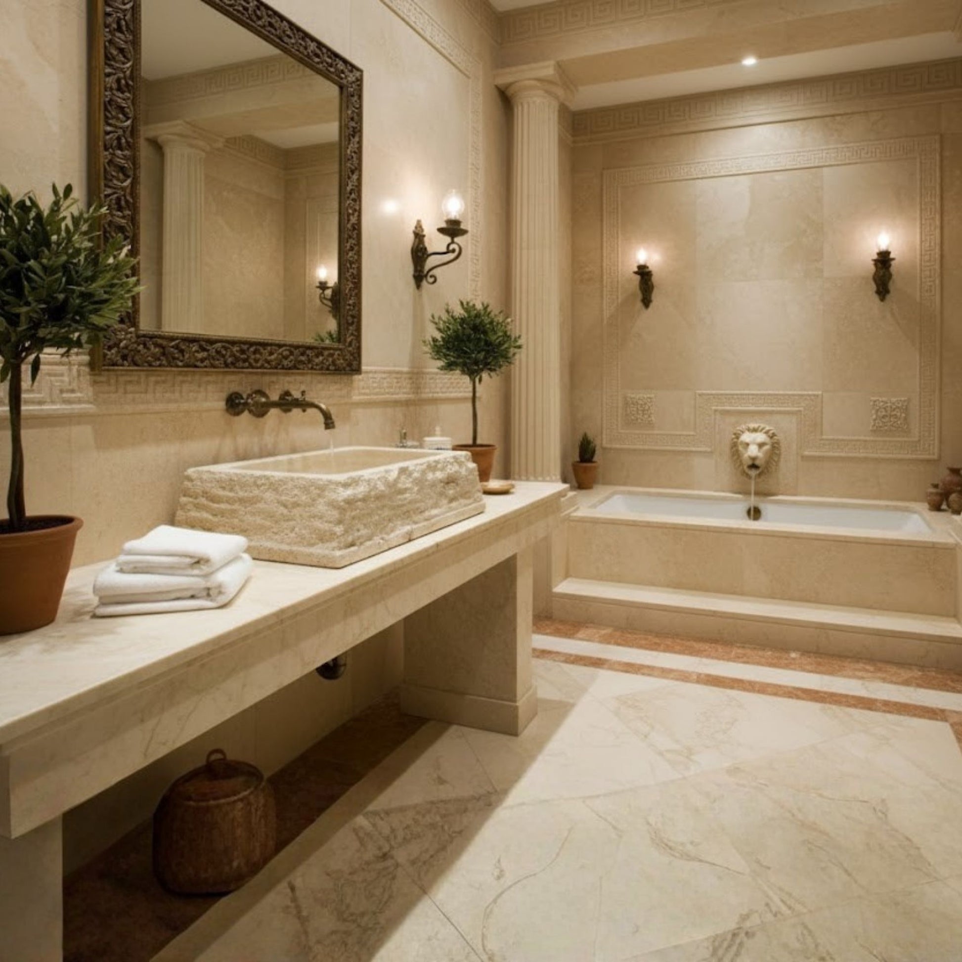 Hand-Carved Chiseled Travertine Vessel Sink – Rectangular Rock-Face Natural Stone Basin