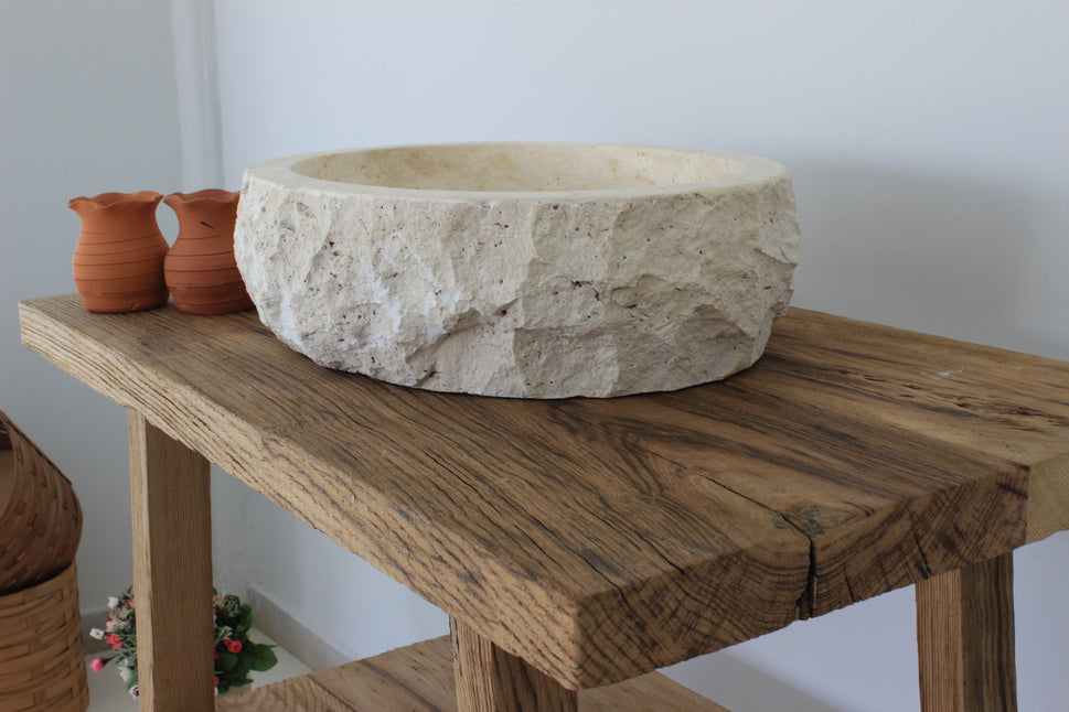 Hand-Carved Chiseled Travertine Vessel Sink – Round Rock-Face Natural Stone Basin