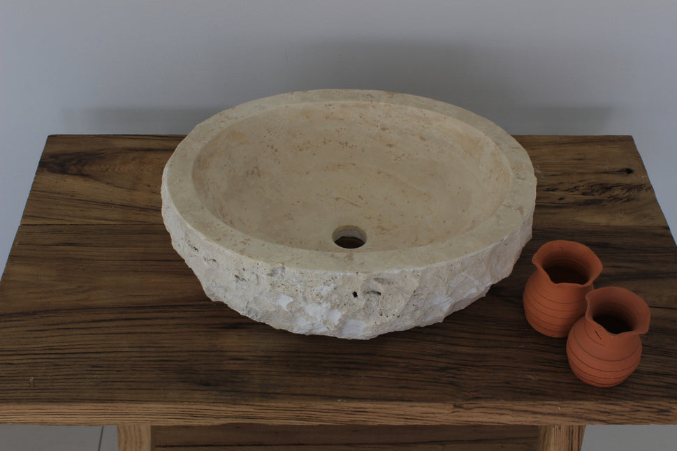 Hand-Carved Chiseled Travertine Vessel Sink – Round Rock-Face Natural Stone Basin