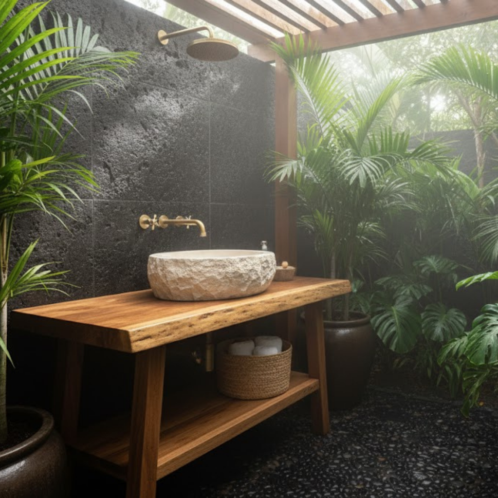 Hand-Carved Chiseled Travertine Vessel Sink – Round Rock-Face Natural Stone Basin