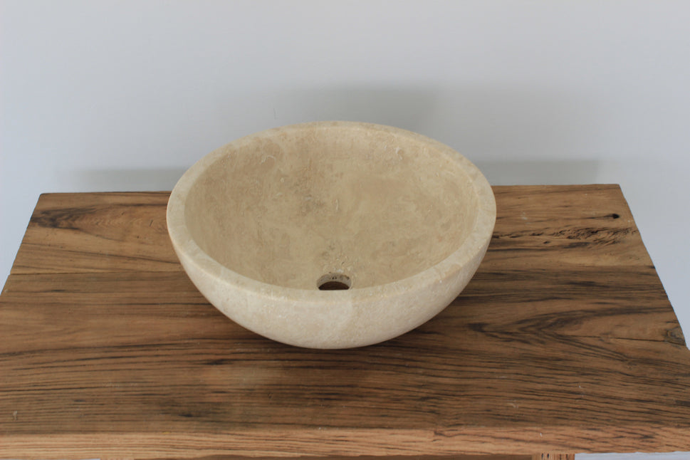 Hand-Carved Classic Round Travertine Vessel Sink – Polished Beige Natural Stone Basin
