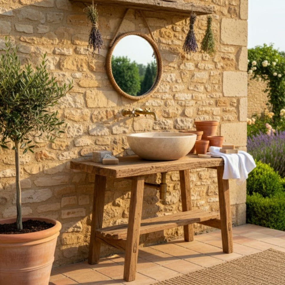 Hand-Carved Classic Round Travertine Vessel Sink – Polished Beige Natural Stone Basin