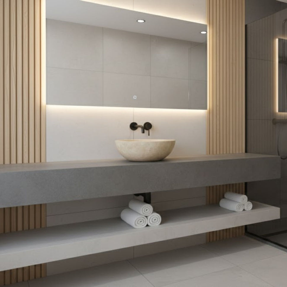 Hand-Carved Classic Round Travertine Vessel Sink – Polished Beige Natural Stone Basin