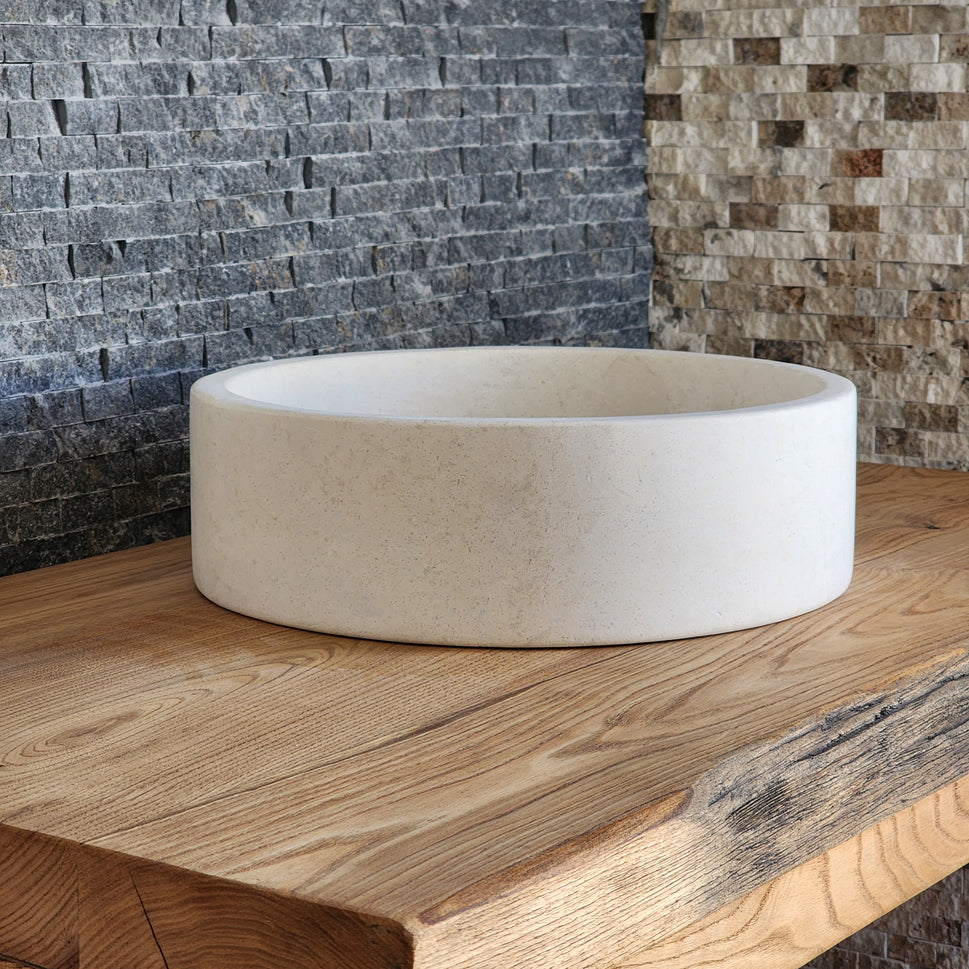Cream Marble Flared Vessel Sink - Round Solid Stone Basin
