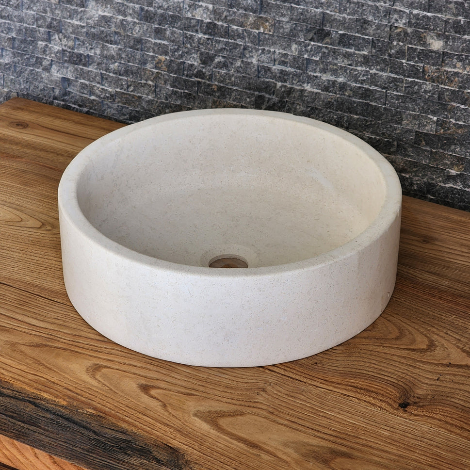 Cream Marble Flared Vessel Sink - Round Solid Stone Basin