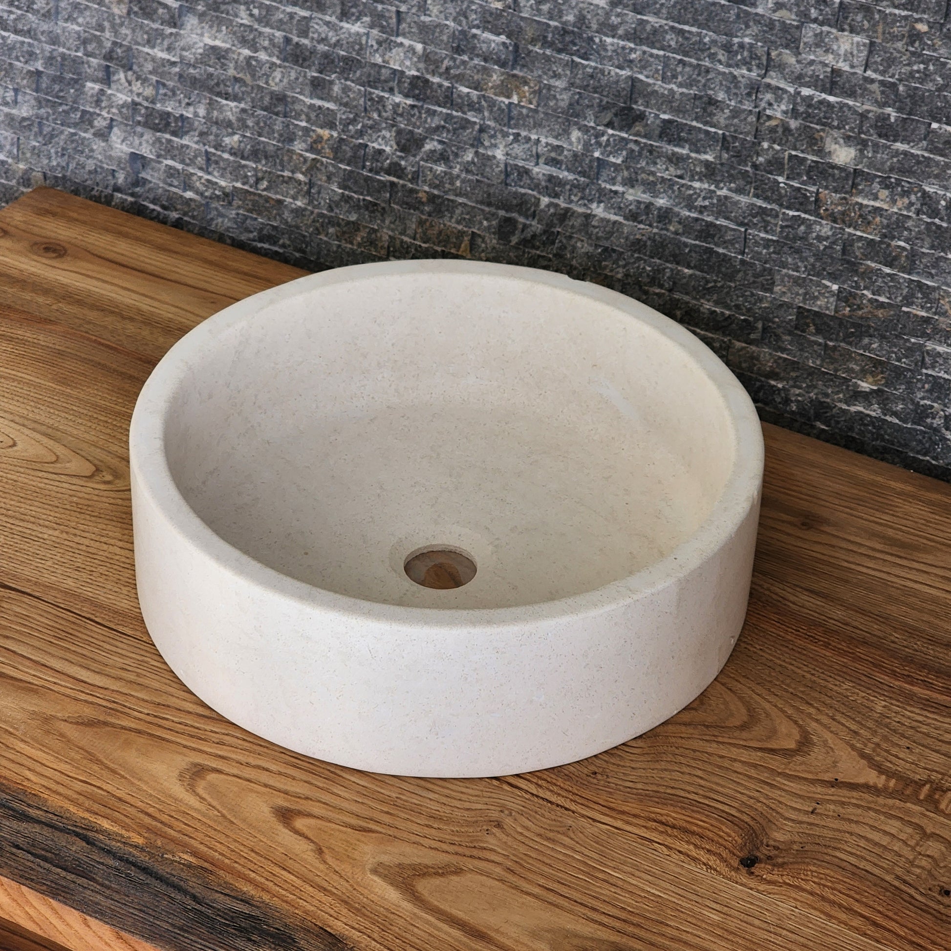 Cream Marble Flared Vessel Sink - Round Solid Stone Basin