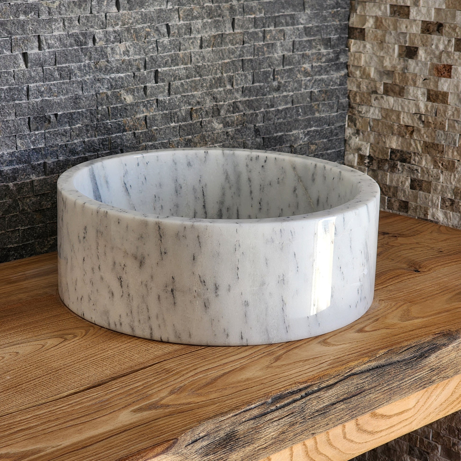 Cylindrical White Marble Vessel Sink - Deep-Dish Monolithic Basin