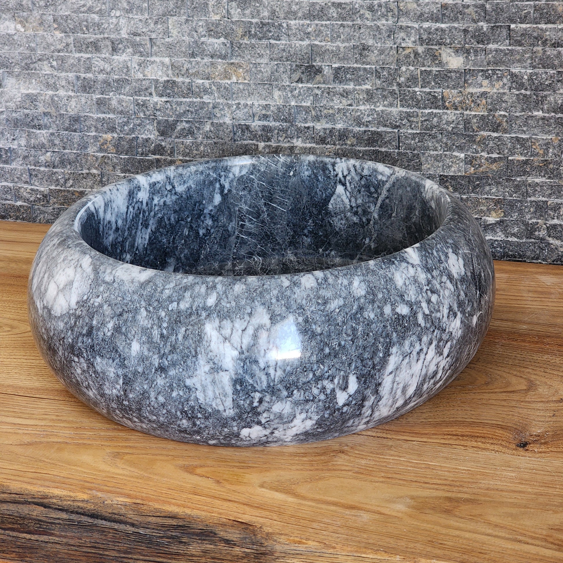 Gray Storm Marble Vessel Sink - Round Solid Stone Basin