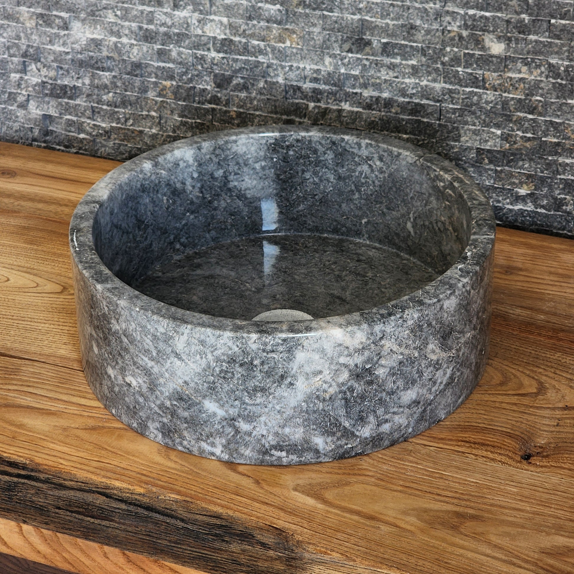 Norhew Gray Storm Marble Vessel Sink - Round Solid Stone Basin