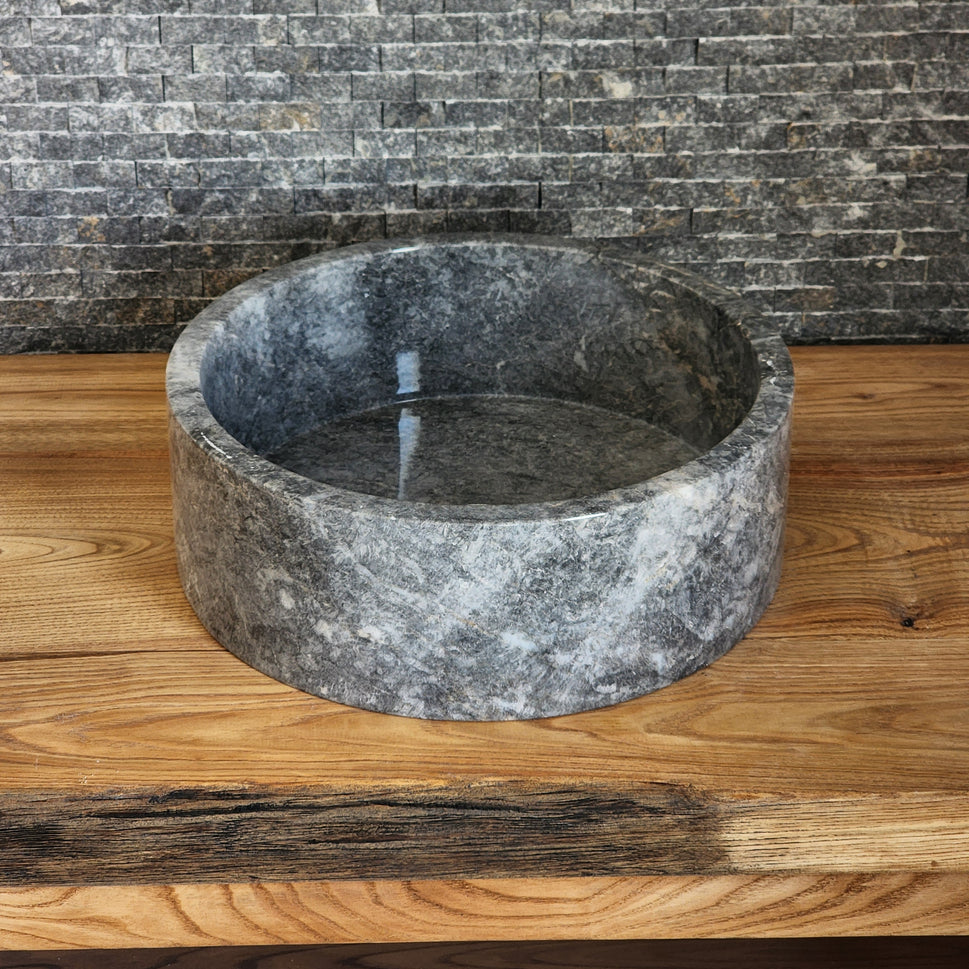 Norhew Gray Storm Marble Vessel Sink - Round Solid Stone Basin
