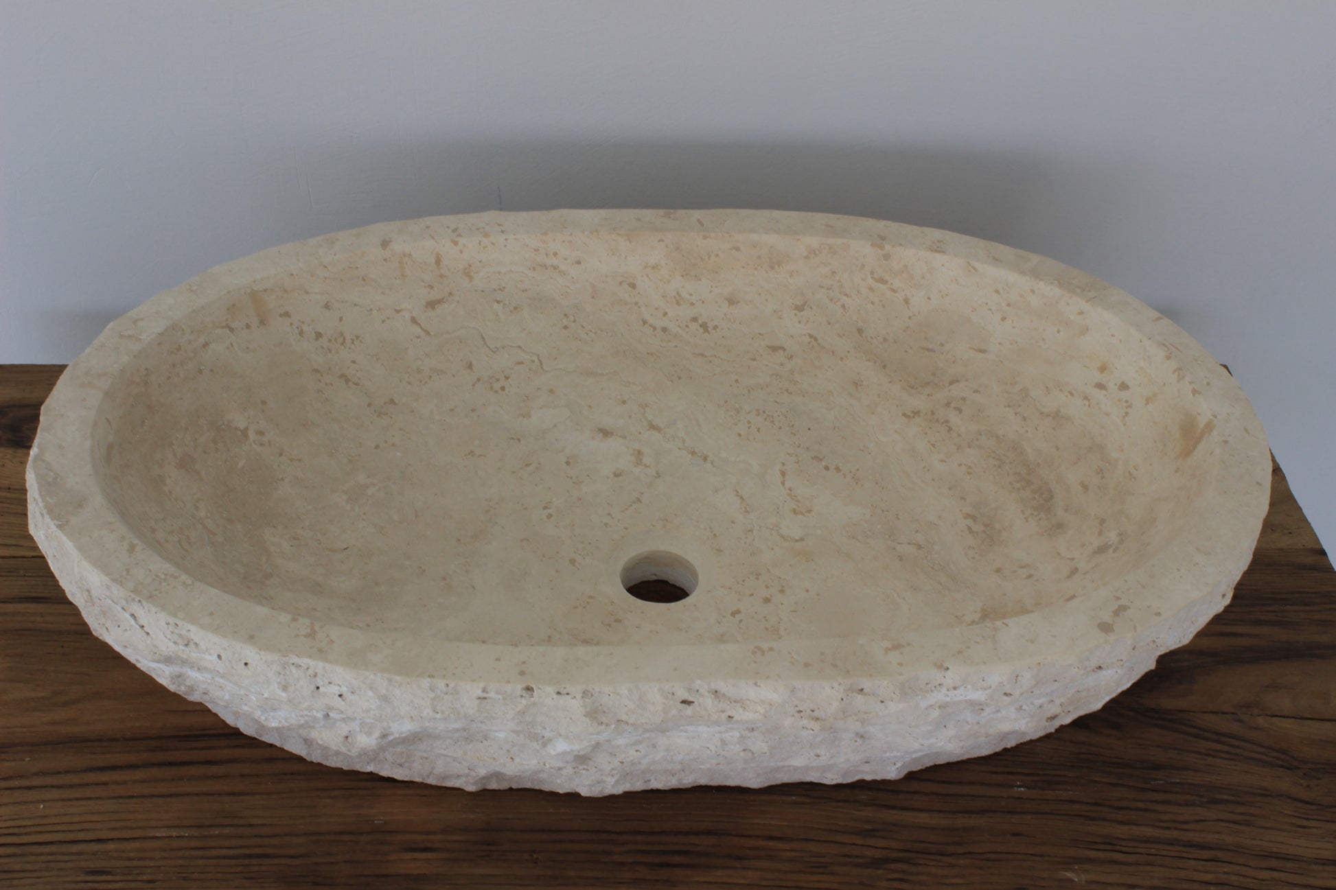 Hand-Carved Oval Travertine Vessel Sink – Honed Cream Natural Stone Basin