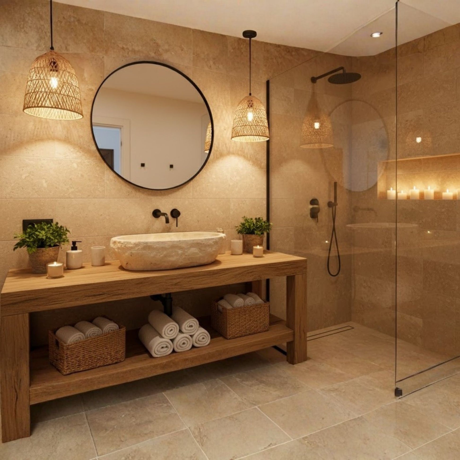 Hand-Carved Oval Travertine Vessel Sink – Honed Cream Natural Stone Basin