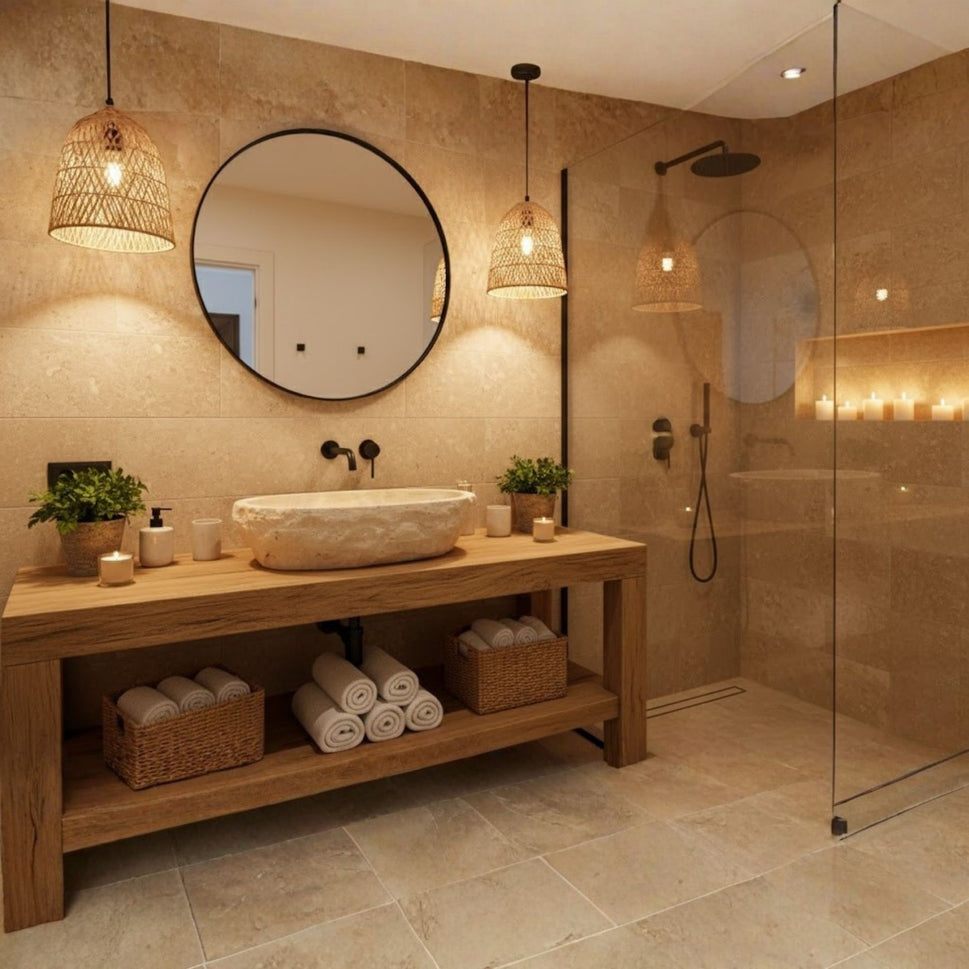 Hand-Carved Oval Travertine Vessel Sink – Honed Cream Natural Stone Basin