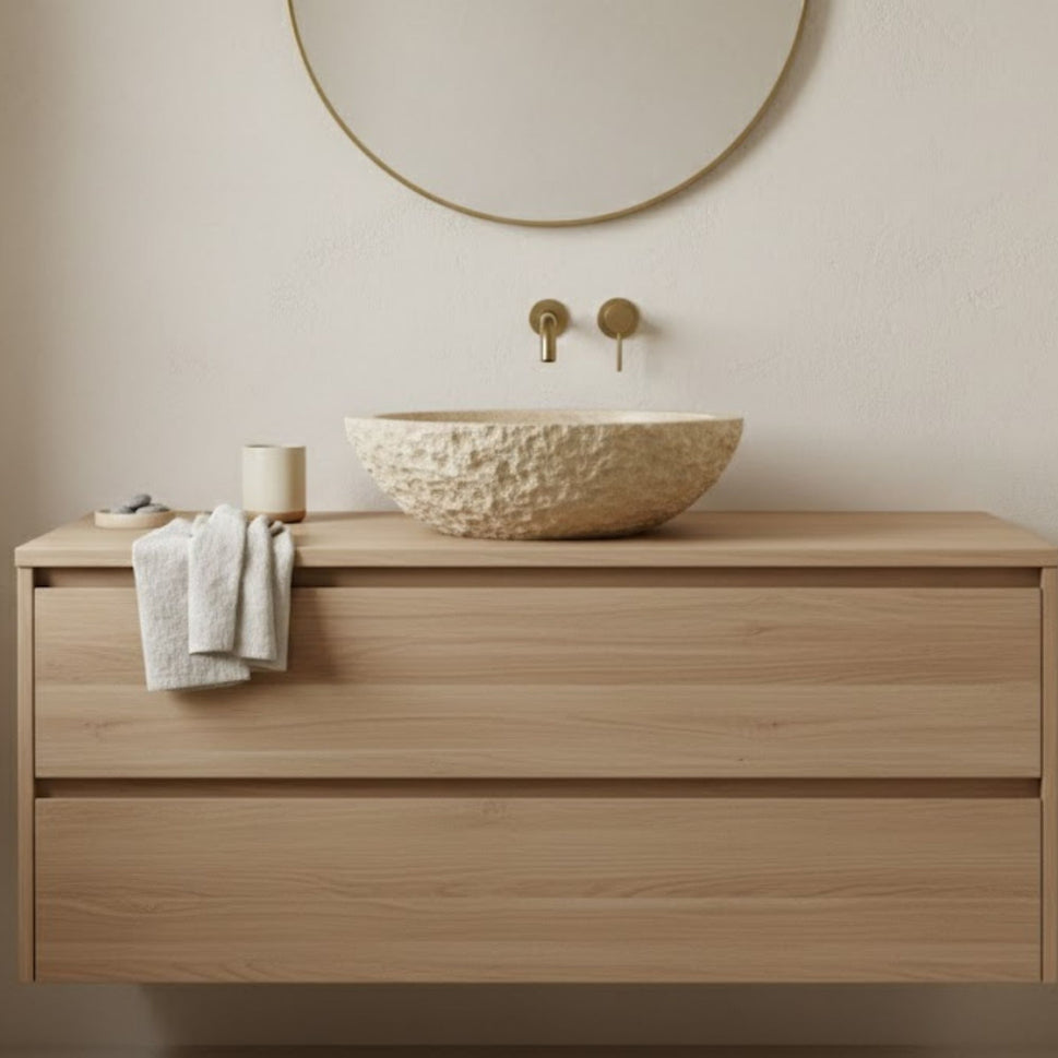 Hand-Carved Raw Chiseled Travertine Vessel Sink – Oval Organic Natural Stone Basin