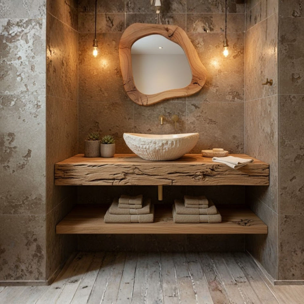 Hand-Carved Raw Chiseled Travertine Vessel Sink – Oval Organic Natural Stone Basin