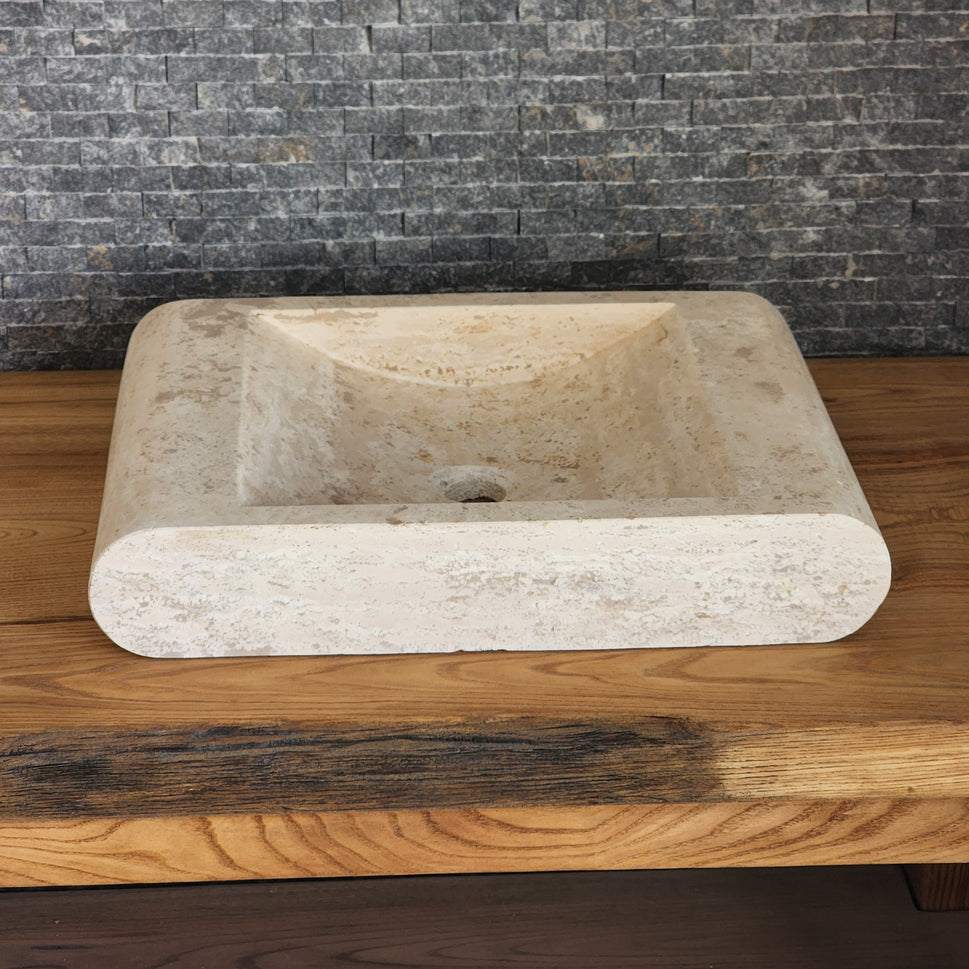 Rectangular Travertine Vessel Sink - Infinity Slope Solid Stone Basin
